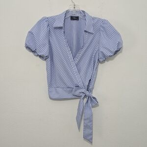 Milk & Honey Striped Puff Sleeve Tie Waist Bow Top